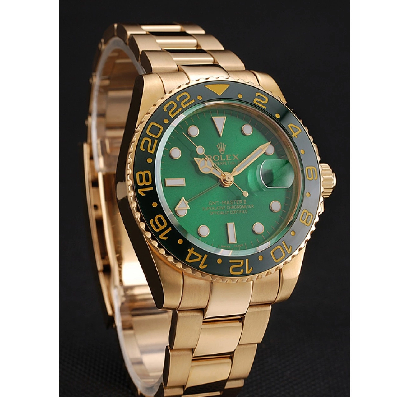 Aaa replica watch 1453750 And Case Rolex Gold Bezel Green Master GMT Swiss Dial Bracelet II And 0530